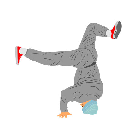 Break dance boy vector illustration isolated on white background. Modern urban dancer exhibition show. Attractive athlete man performer skills on street. Fit sport gymnastic figureのイラスト素材