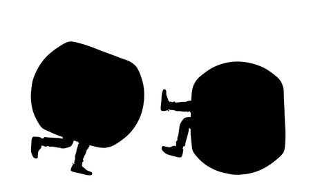 Children in zorbing ball funny play vector silhouette illustration isolated on white background. Bubble football competition. Zorb game outdoor entertainment. Pushing sphere ball.のイラスト素材