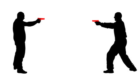 Public crime scene gunfight battle. Man with gun shooting opponent vector silhouette illustration. Conflict duel handgun fire. Police agent shutting mafia member. policeman arrestのイラスト素材