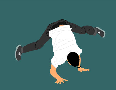 Break dance boy vector illustration isolated on background. Modern urban dancer exhibition show. Attractive athlete man performer skills on street. Fit sport gymnastic figureのイラスト素材