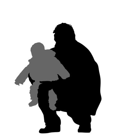Father carrying baby daughter on hands vector silhouette illustration isolated white. Dad and little girl, happy family outdoor recreation. Fathers day. Parent and kid closeness.のイラスト素材