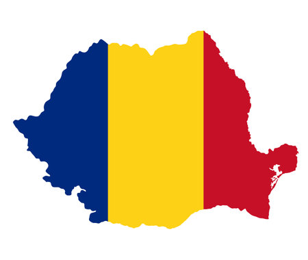 Romania map flag vector silhouette illustration isolated on white background. High detailed. Romania flag map. Balkan country. State in Europe, EU member. Romania shape shadow.のイラスト素材