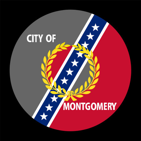 Circle badge City Montgomery flag vector illustration isolated on background. Capital town in Alabama. USA city symbol. United States of America town emblem. Button Montgomery Cityのイラスト素材