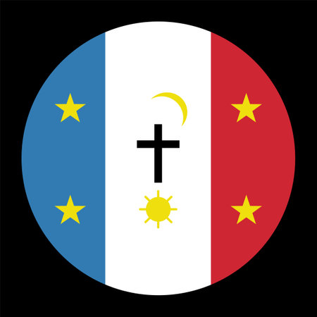 Circle badge Tribe Pascua Yaqui flag vector illustration isolated on background. Symbol of native people in America.  Button Pascua Yaqui roundel banner emblem. Reservation in USA.のイラスト素材