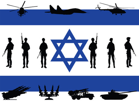 Israel army soldiers troops with rifles on duty vector silhouette illustration. Force helicopter unit watch guard. Patriot against terrorism. Israel flag. Infantry, navy, aviationのイラスト素材