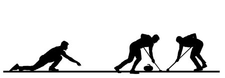 Curling players crew on ice vector silhouette illustration isolated. Winter sport game. Team work...