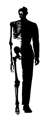 Half skeleton half man in suite vector silhouette illustration. Elegant business man in suite tie shoes. Handsome male. Bone structure. Half man half robot artificial intelligenceのイラスト素材