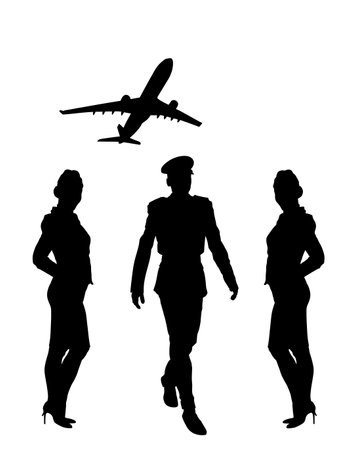 Elegant pilot in uniform walking between smiling stewardess vector silhouette illustration. Charming hostess woman duty. Air plane cabin crew members. Lady successful carrier girl.のイラスト素材