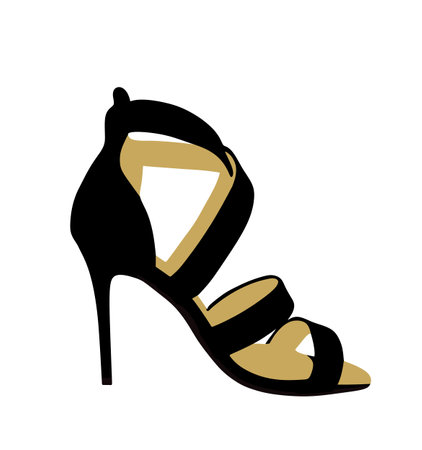 Black elegant woman shoe vector silhouette illustration isolated on white background. Modern female shoes with heels shape shadow.のイラスト素材