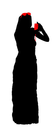 Elegant girl in dress take photography with camera vector silhouette isolated. Paparazzi shooting lady photo reporter duty. Journalist woman work news. Wedding fashion photoのイラスト素材
