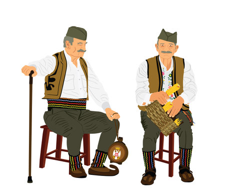 Traditional wear folklore Serbia  old man sitting on chair vector illustration isolated. Balkan culture grandfathers vintage dress male with villager friends who crown corn farmerのイラスト素材