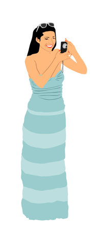 Elegant girl in dress take photography with camera vector illustration isolated. Paparazzi shooting lady photo reporter. Journalist female work news. Wedding fashion photo woman.のイラスト素材