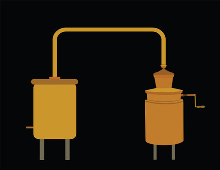 Vector illustration alembic apparatus for distill essential oils and alcoholic beverages. Distillery whiskey or brandy production alcohol distillation process.のイラスト素材