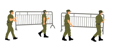 Construction workers hands carrying fence barricade building vector illustration isolated. Soldiers team work on border. Delivery service moving transport workers carry. Handymanのイラスト素材