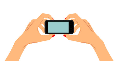 Smart mobile phone in woman hands vector illustration isolated on white. Android cell phone take a photo and send picture by internet on social network. Entertainment gadget.のイラスト素材