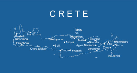 Greece island Crete map vector line contour silhouette illustration isolated on white background. Greek island map high detailed.のイラスト素材