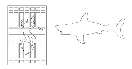 Diver in diving cage observing a great white shark vector line contour illustration isolated.  Swimming biology research. Explorer against shark under water silhouette. Scary sceneのイラスト素材