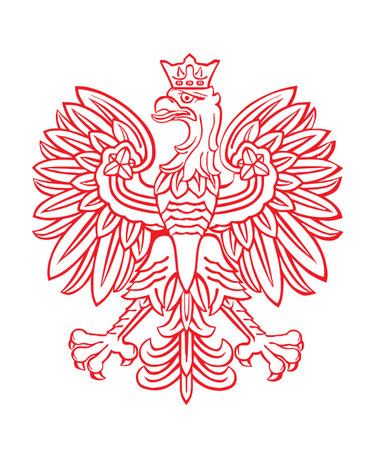 Poland coat of arms, seal national emblem, isolated on white background. Vector illustration Coat of arms of Poland. Polish flag. Spread wings eagle line silhouette contour Poland.のイラスト素材