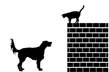 Labrador retriever dog stalks the cat on brick wall vector silhouette illustration isolated. Dog barks and wont to catch cat, but he cant reach her because of height. Outdoor pet.のイラスト素材