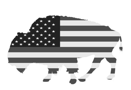 United States of America flag over bison vector silhouette illustration isolated. USA flag over buffalo, national symbol, pride and power animal. Vote campaign election. Patrioticのイラスト素材