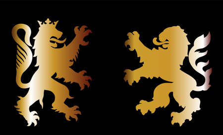 Beast gold lions fight battle vector silhouette illustration isolated. Heraldic lion. Animal symbol coat of arms. Shield Burgundy VS Hessen Hesse. France town VS Germany heraldry.のイラスト素材