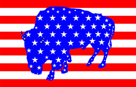 United States of America flag over bison vector silhouette illustration isolated. USA flag over buffalo, national symbol, pride and power animal. Vote campaign for election.のイラスト素材