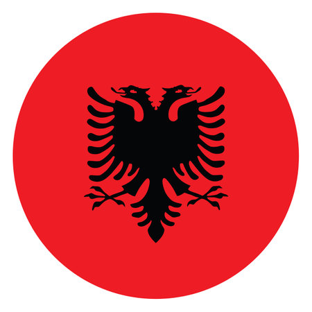 Circle badge Albania flag button vector illustration isolated. National symbol of Balkan country. Double head eagle. Wild bird national symbol of Albania emblem banner roundel.のイラスト素材