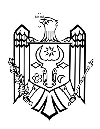Graphic Moldova coat of arms vector illustration isolated. Seal or national emblem, Moldova line contour. Heraldic eagle crest. COA Moldova heraldry emblem banner national symbol.のイラスト素材