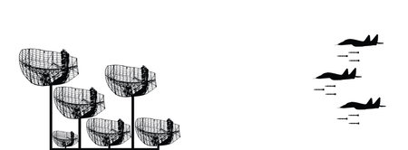 Military air strike bombing fighter jets attack enemy ground troops vector silhouette illustration isolated. Air defense system surveillance military radar against planes missilesのイラスト素材