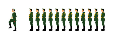 Army general officer uniform against troops saluting vector illustration isolated. Russian marshal. Patriot soldier military commander. Marsh ceremonial Military parade brave man.のイラスト素材