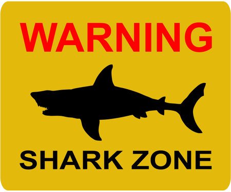 Warning sign shark zone closed beach symbol vector silhouette illustration isolated. Emblem banner shark attack treat, high risk in water. Danger for swimmers, diving, water sportsのイラスト素材
