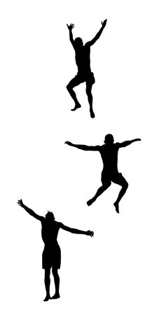 Young boys jumping in water vector silhouette illustration isolated. Man having fun in swimming pool. Cliff jump friends attractive water game on beach. Summer time children activeのイラスト素材