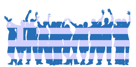 Greek flag Greece over happy people waving hands vector silhouette illustration isolated. Boys girls tourists hand wave hi to host. Send off friends goodbye and come again. Familyのイラスト素材