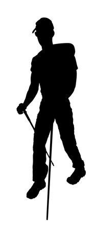 Mountaineer hiker with poles, backpack walking vector silhouette illustration isolated. Active sport man hiking walking sticks outdoor activity in nature mountain. Sportsman boy.のイラスト素材
