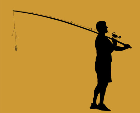 Fisherman with fishing rod in his hand catch the fish vector silhouette illustration isolated. Outdoor leisure fishing sport activity. Hobby by water in nature. Fisher man.のイラスト素材