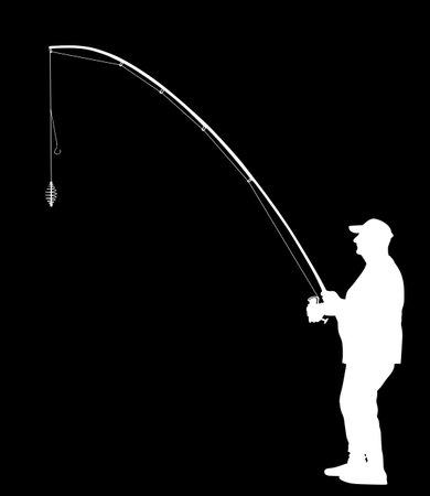 Fisherman with fishing rod in his hand catch the fish vector silhouette illustration isolated. Outdoor leisure fishing sport activity. Hobby by water in nature. Fisher man.のイラスト素材