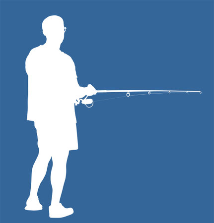 Fisherman with fishing rod in his hand catch the fish vector silhouette illustration isolated. Outdoor leisure fishing sport activity. Hobby by water in nature. Fisher man.のイラスト素材
