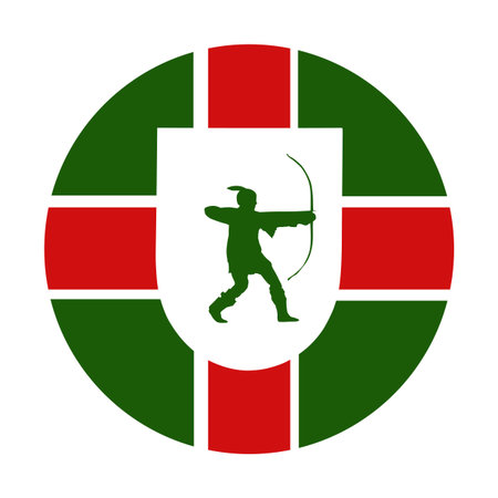 Circle badge Nottinghamshire flag button vector illustration isolated. County England. United Kingdom. Emblem banner Nottinghamshire flag roundel sticker. Medieval archer in hunt.のイラスト素材