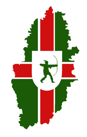 Nottinghamshire map flag vector silhouette illustration isolated. East Midlands, England, region province United Kingdom. Nottinghamshire flag with coat of arms. Archer heraldry.のイラスト素材