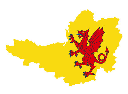 Somerset map vector silhouette illustration isolated. South West England region province in United Kingdom. Somerset shape shadow. Somerset flag with coat of arms dragon COA.のイラスト素材