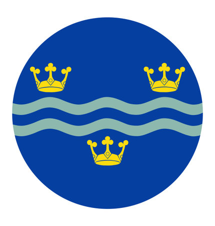 Circle badge Cambridgeshire flag sticker vector illustration isolated. Territory East of England region, Great Britain, UK. Button roundel Cambridgeshire flag emblem banner.のイラスト素材