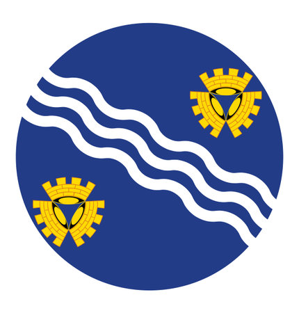 Circle badge County Merseyside flag vector illustration isolated. Territory in North West England region, Great Britain, UK. Button roundel Merseyside flag emblem banner patrioticのイラスト素材