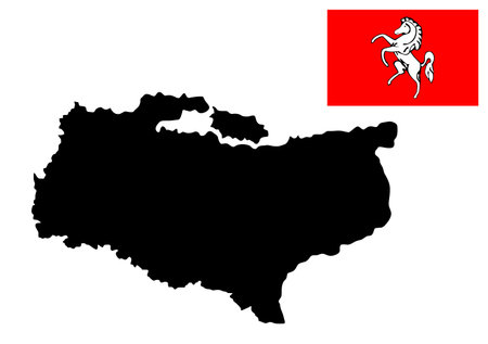 Ceremonial county Kent map vector silhouette illustration isolated. Territory in South East England, Great Britain, United Kingdom. England province Kent flag emblem banner patriotのイラスト素材