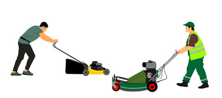 Gardeners man mowing lawn mower vector illustration isolated. Grass trimmer cutting. Garden worker landscaper cut field in park. Farmers agricultural machinery. Beautification yardのイラスト素材