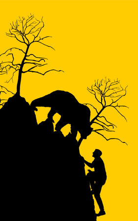 Bear attack man climber on cliff vector silhouette isolated. Outdoor nature risk situation, boy life treat against angry beast. Tourist male wildlife danger. Zoo accident animal.のイラスト素材