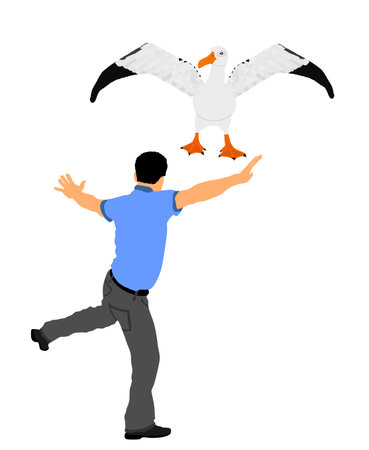 Dancer man dancing with seagull friend vector illustration isolated. Evzone dancing traditional folk dance. Balkan Greece sirtaki, syrtaki. Happy man spread arms against albatrossのイラスト素材