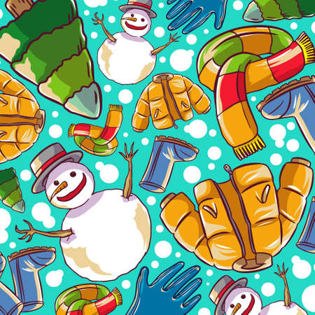 Cartoon cute hand drawn objects pattern. Colorful detailed, with lots of objects background. Endless funny vector illustration.のイラスト素材