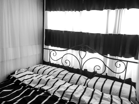 Black and white double bedの写真素材