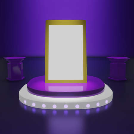 Stand purple and Yellow Screen in Room purple 3D rendering