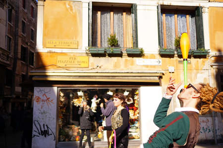 VENICE / ITALY - February 6 2016: Carnival performers participate this event in Piazza San Marco in Venice, Italy. The tradition began in 1162 to celebrate the defeated Ulrico, Patriarch of Aquileiaのeditorial素材